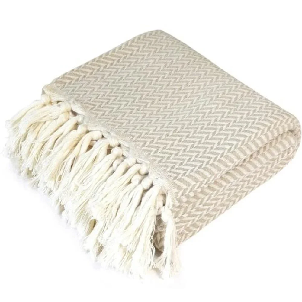 NEW West Elm Boho Beige White Turkish Cotton Tassel Throw Blanket - 60